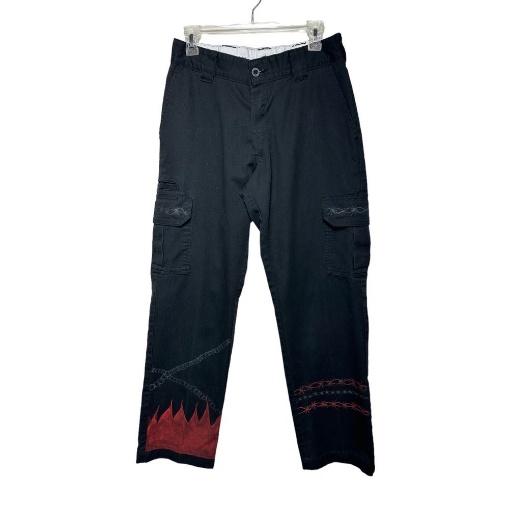 Dickies Custom Cargo Pants 30 x 32 Black with Painted Artwork Flames and Chains